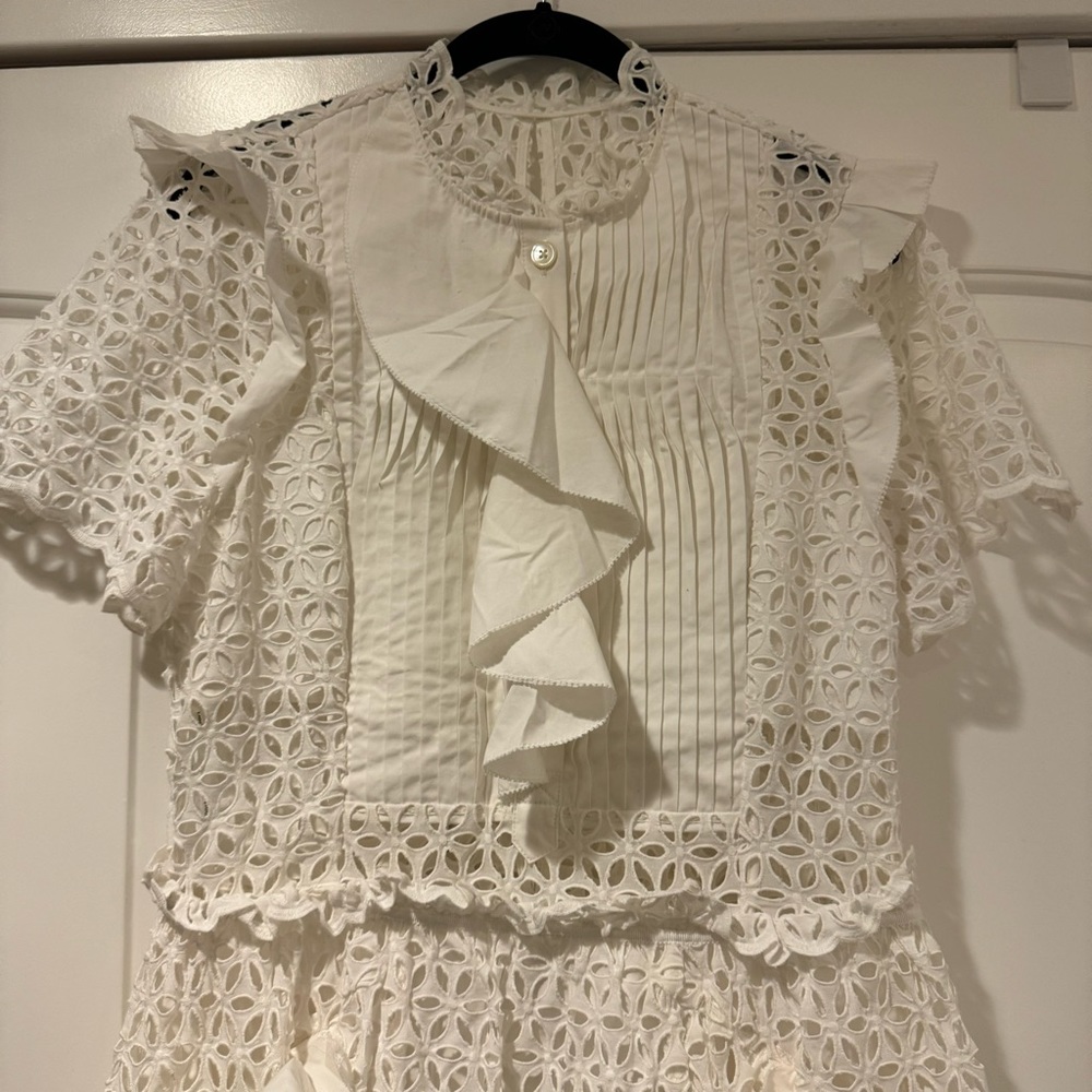 Self-Portrait White Eyelet Ruffle Detail Short Sleeve Dress Size 8 - Picture 6 of 12